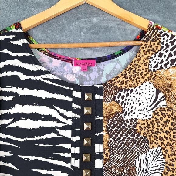 Womens Top‎ XL Statement Artsy Unique Animal Floral Patchwork Studded Maximalist - Picture 3 of 7